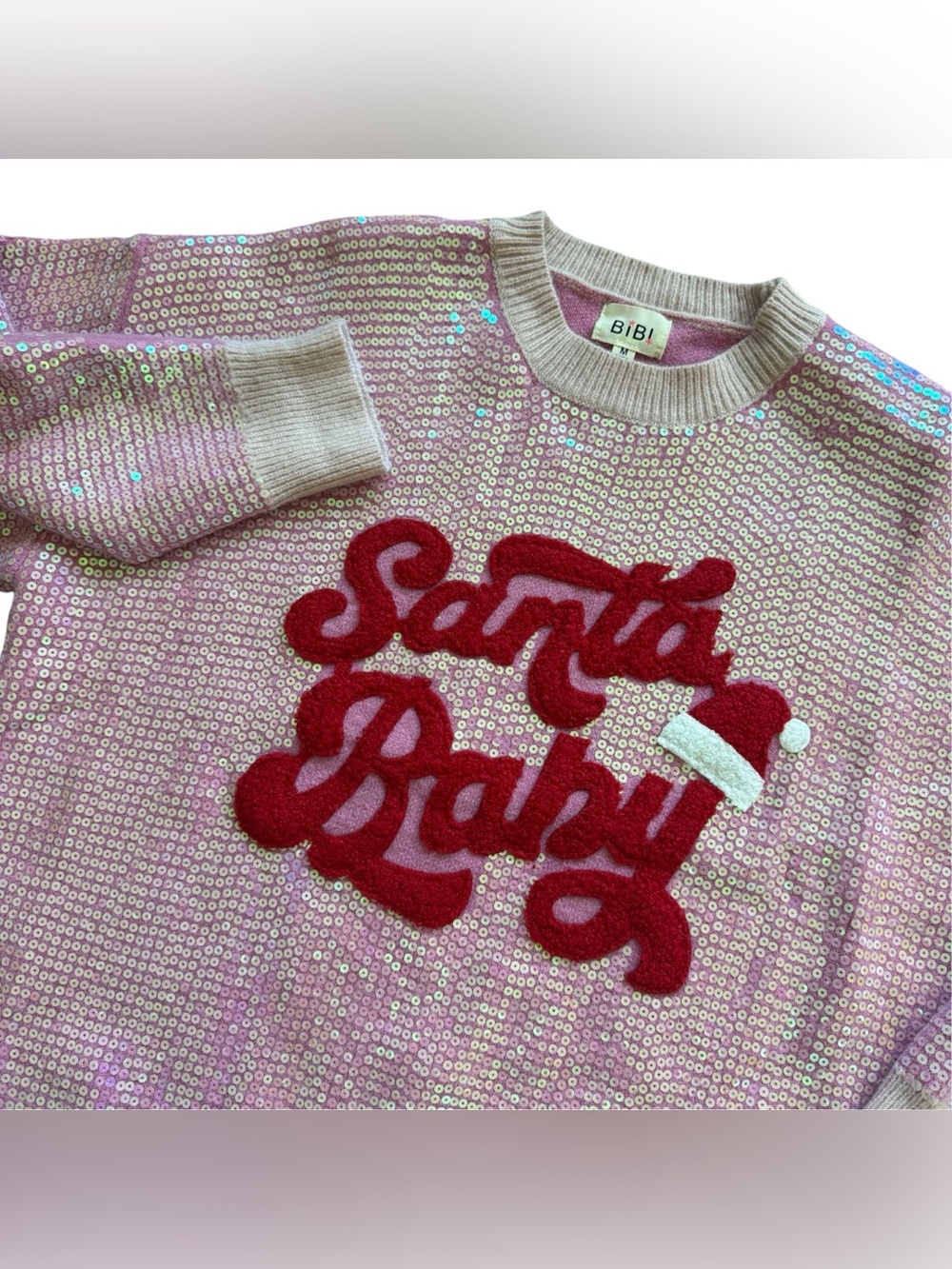 BIBI M Pink Santa Baby Sequin Sweater Christmas Holiday Glam Coquette Party Xmas - Picture 4 of 12